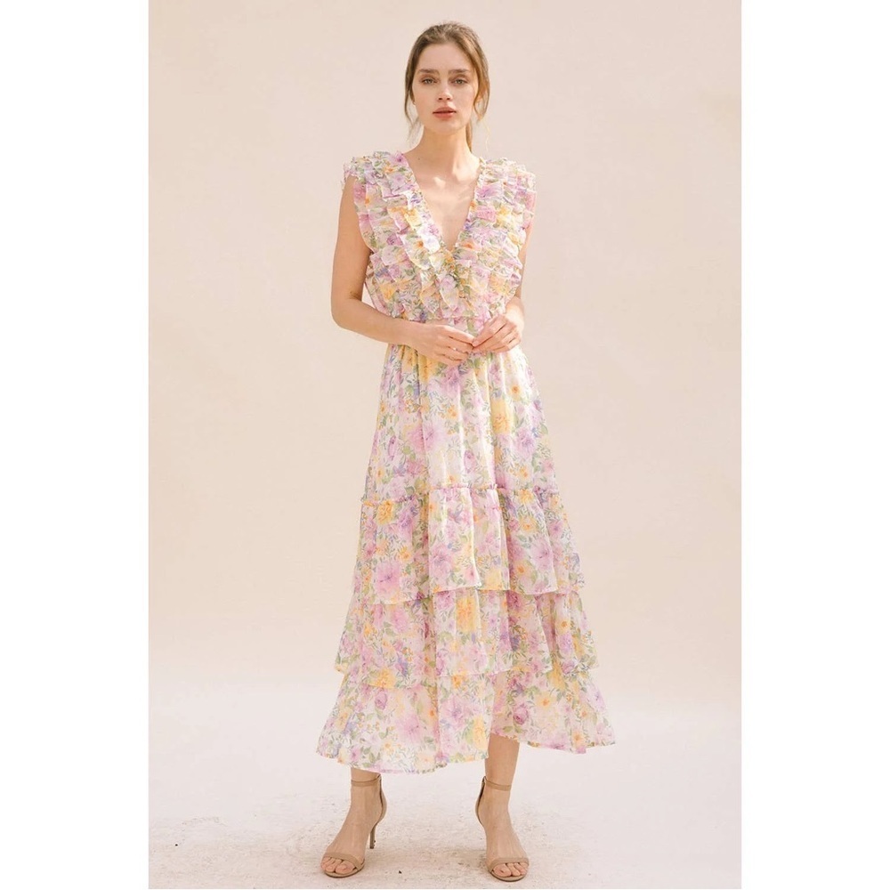 Storia womens medium 8 10 dress floral print ruffle maxi Lavender yellow white - Picture 1 of 12